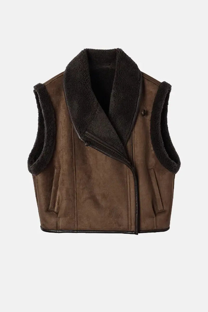 Fibflx Women's Faux Suede & Genuine Shearling Aviator Vest