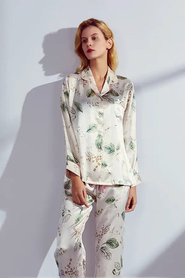 Fibflx Women's Summer Lily Print Long-Sleeve 100% Mulberry Silk Pajama Set