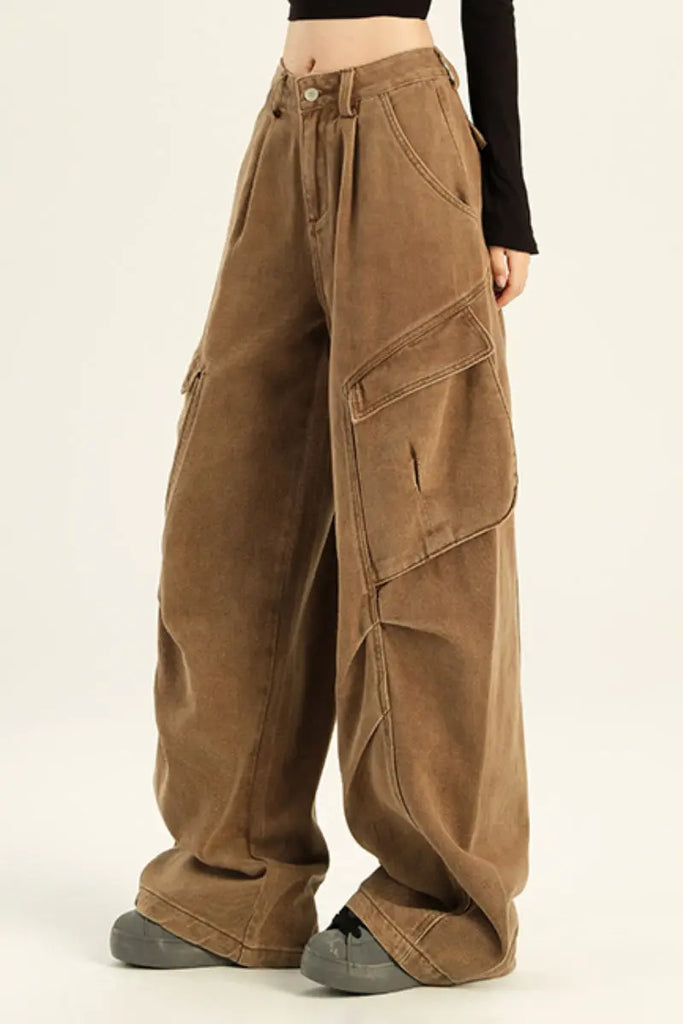 Fibflx Women's Supper Baggy Wide-Leg Low-Rise Cargo Pants
