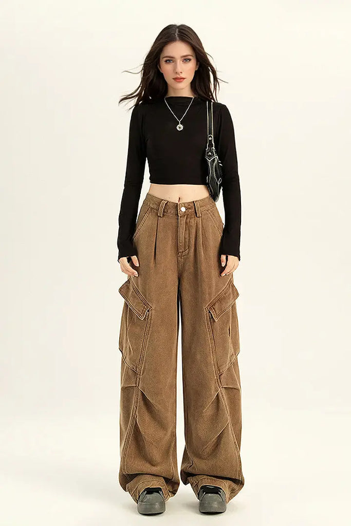 Fibflx Women's Supper Baggy Wide-Leg Low-Rise Cargo Pants