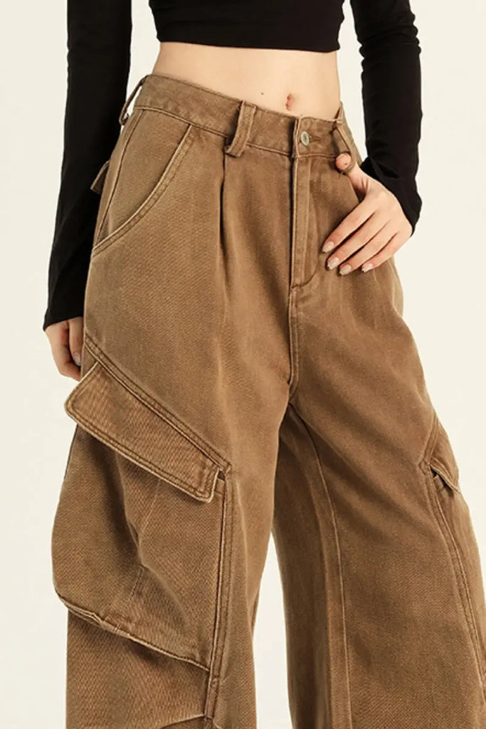 Fibflx Women's Supper Baggy Wide-Leg Low-Rise Cargo Pants