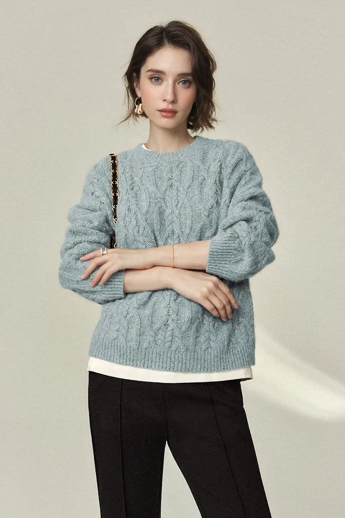 Fibflx Women's Super Chunky Cashmere Cable Knit Crewneck Sweater