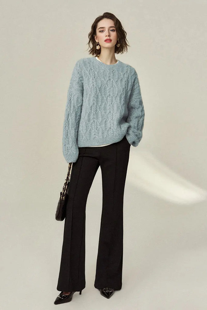 Fibflx Women's Super Chunky Cashmere Cable Knit Crewneck Sweater