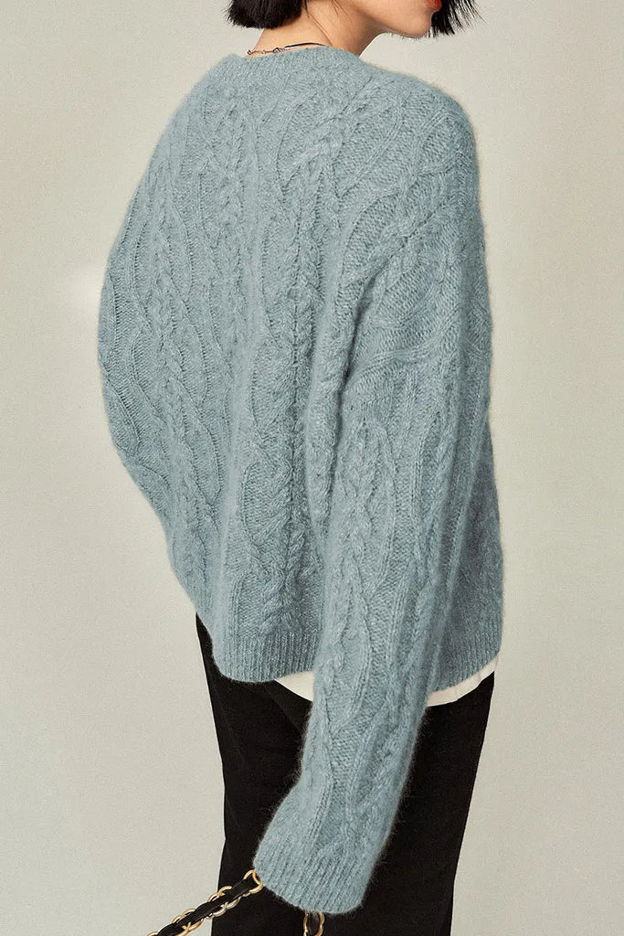 Fibflx Women's Super Chunky Cashmere Cable Knit Crewneck Sweater