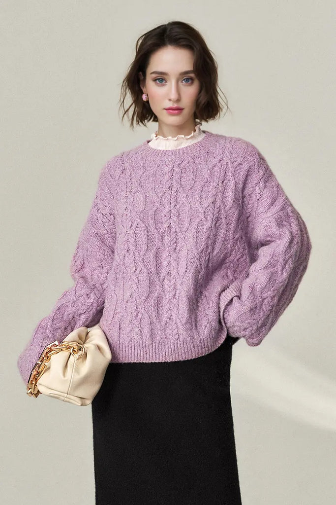 Fibflx Women's Super Chunky Cashmere Cable Knit Crewneck Sweater