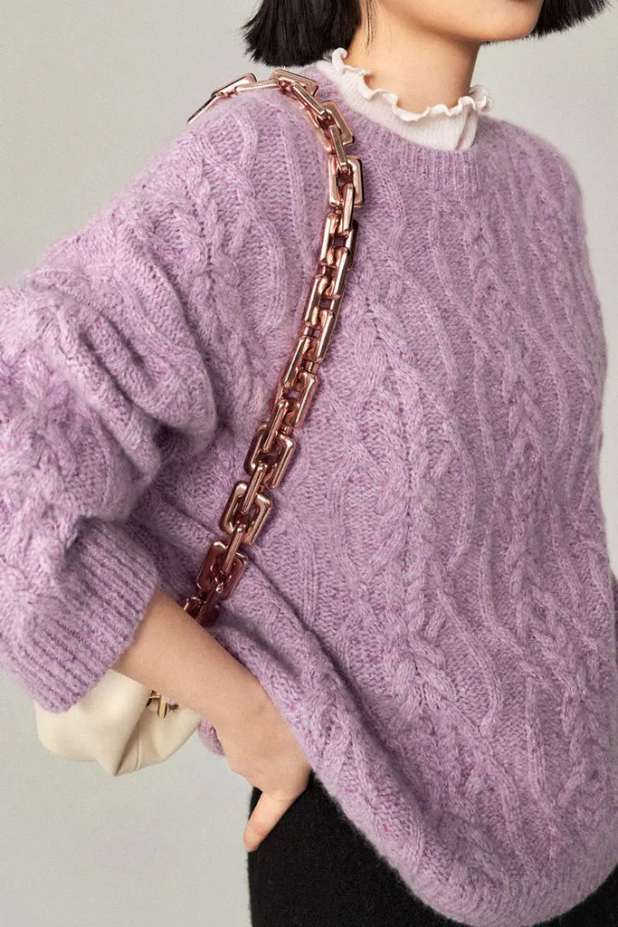 Fibflx Women's Super Chunky Cashmere Cable Knit Crewneck Sweater