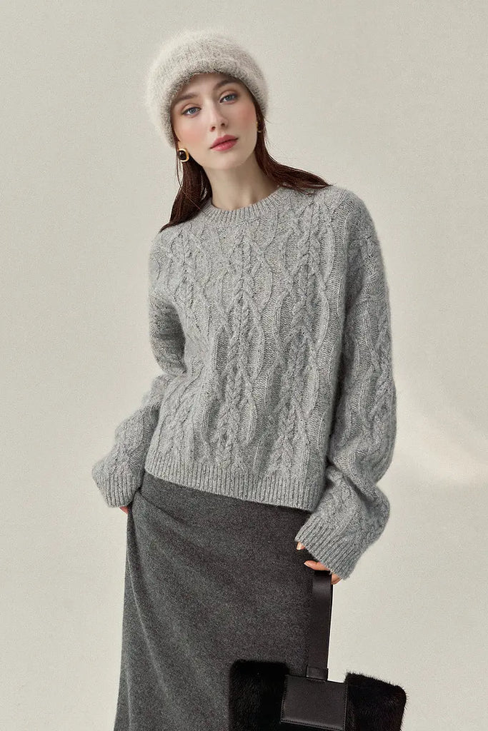 Fibflx Women's Super Chunky Cashmere Cable Knit Crewneck Sweater