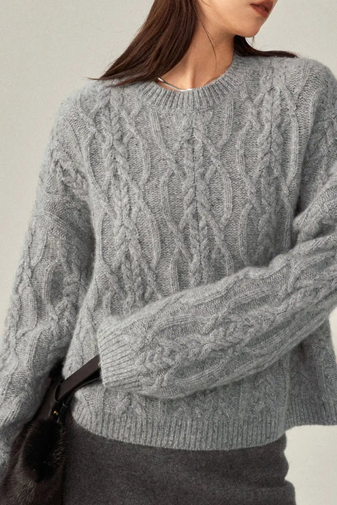 Fibflx Women's Super Chunky Cashmere Cable Knit Crewneck Sweater