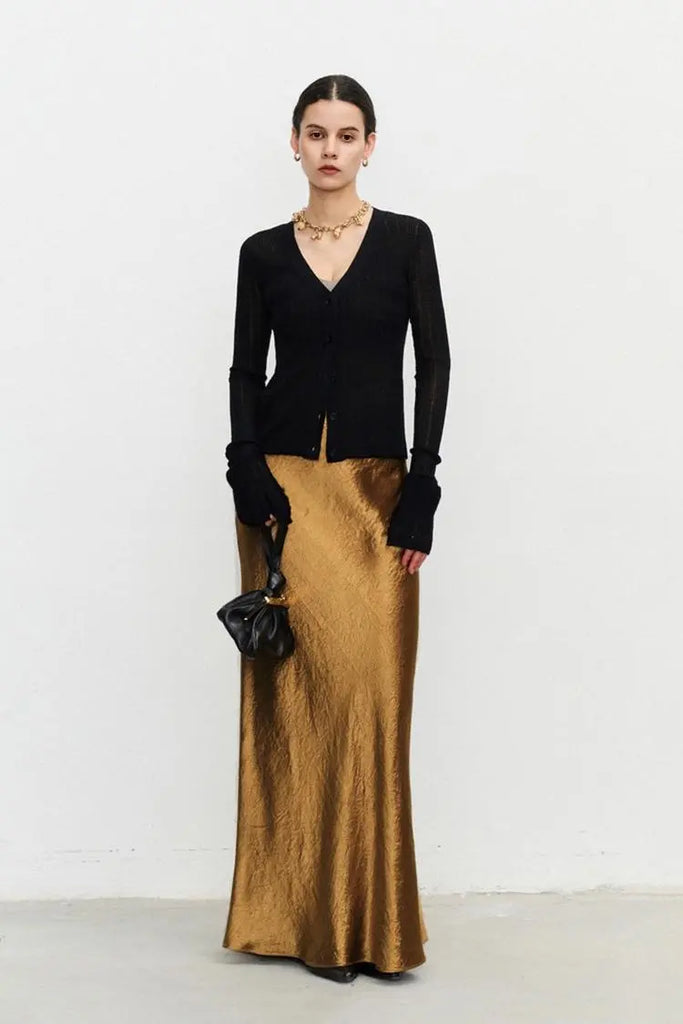 Fibflx Women's Textured Triacetate Slip Satin Maxi Skirt