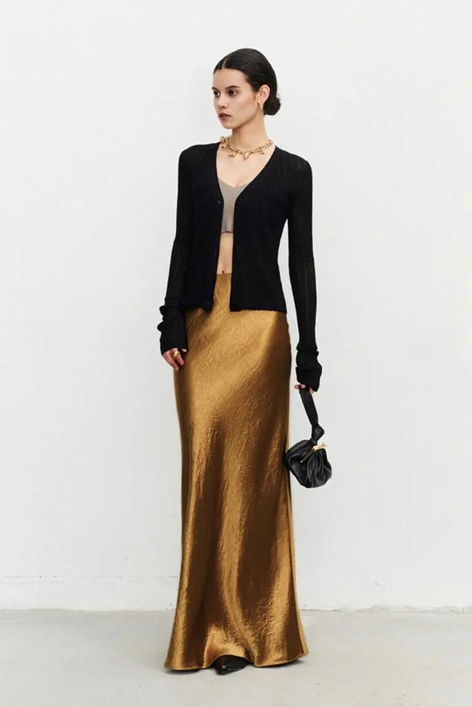 Fibflx Women's Textured Triacetate Slip Satin Maxi Skirt