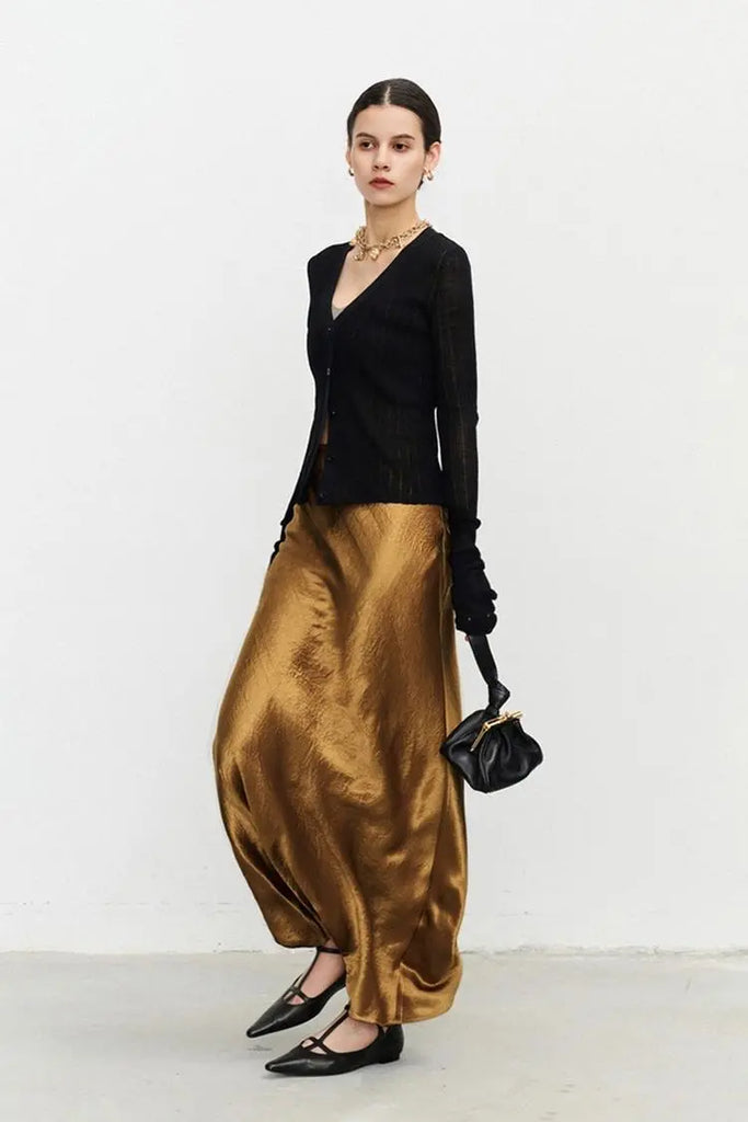 Fibflx Women's Textured Triacetate Slip Satin Maxi Skirt