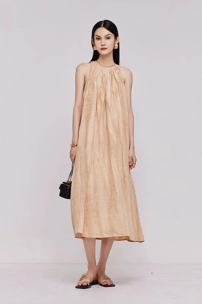 Fibflx Women's Tie Dye Sleeveless Linen Midi Dress