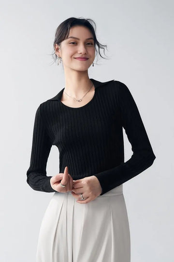 Fibflx Women's U Neck Ribbed Wool Collared Sweater