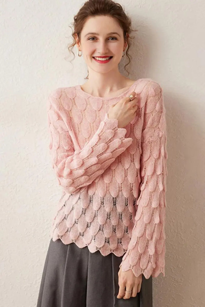 Fibflx Women's Ultra-Light 100 Cashmere Leaf-Knit Sweater