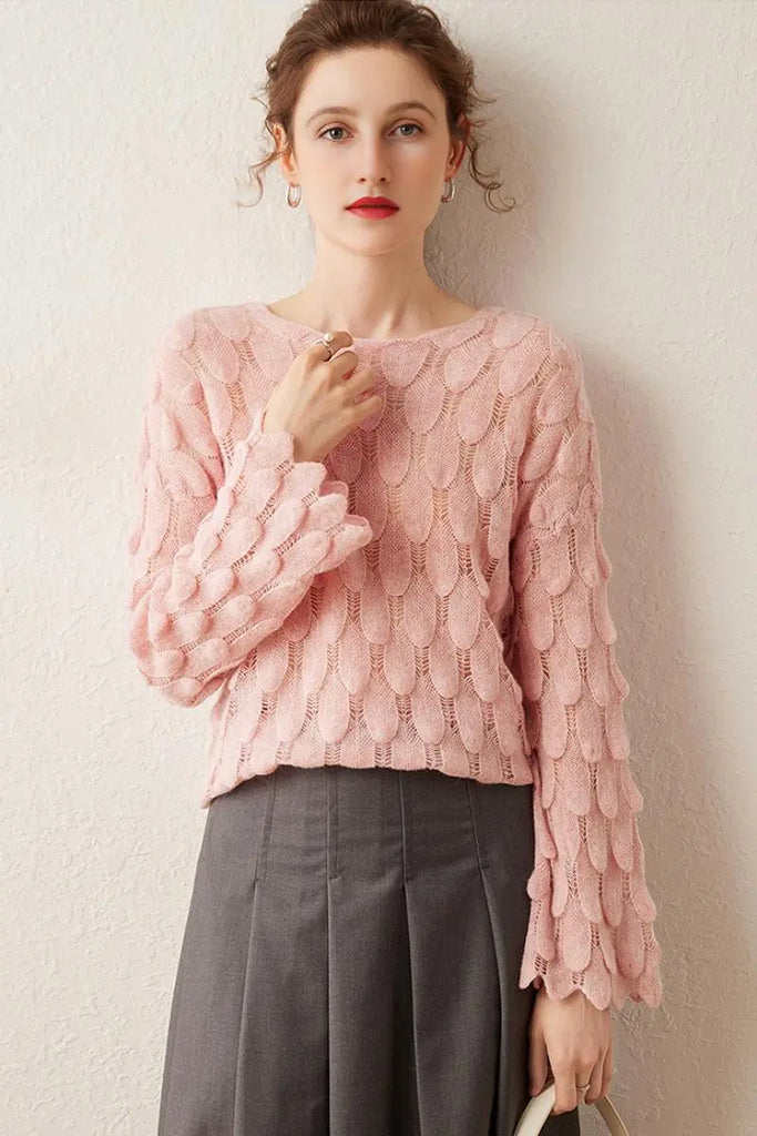 Fibflx Women's Ultra-Light 100 Cashmere Leaf-Knit Sweater