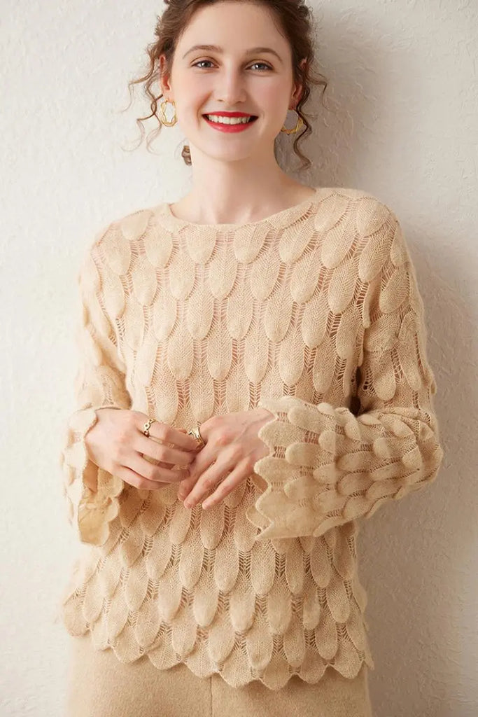 Fibflx Women's Ultra-Light 100 Cashmere Leaf-Knit Sweater