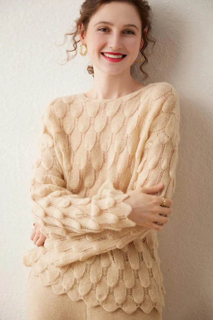 Fibflx Women's Ultra-Light 100 Cashmere Leaf-Knit Sweater