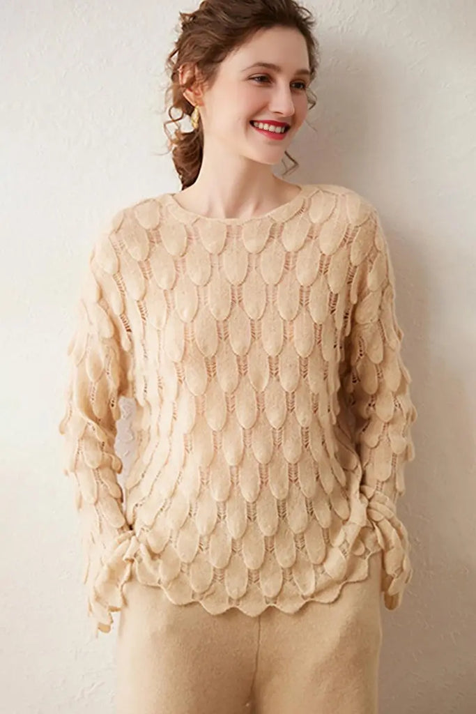 Fibflx Women's Ultra-Light 100 Cashmere Leaf-Knit Sweater