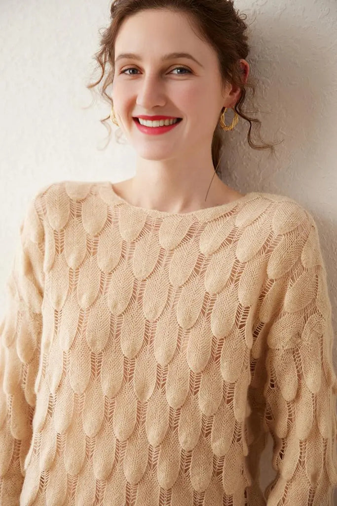 Fibflx Women's Ultra-Light 100 Cashmere Leaf-Knit Sweater