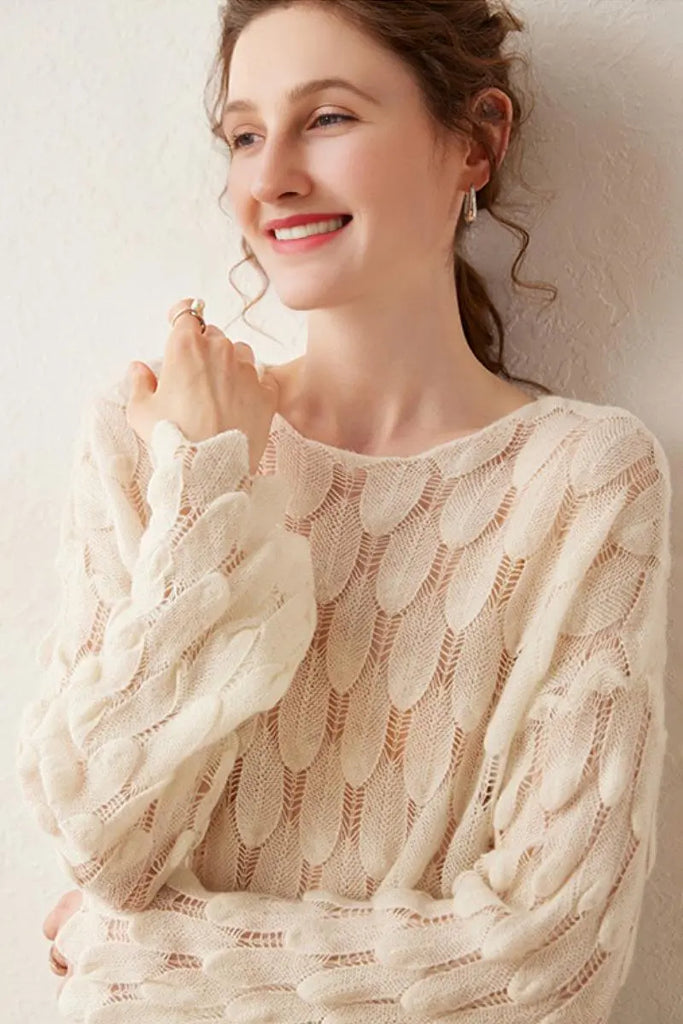 Fibflx Women's Ultra-Light 100 Cashmere Leaf-Knit Sweater