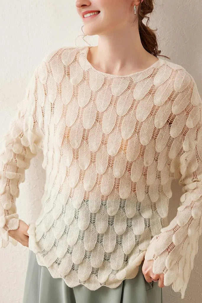 Fibflx Women's Ultra-Light 100 Cashmere Leaf-Knit Sweater