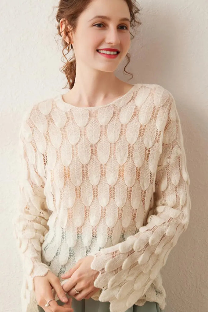 Fibflx Women's Ultra-Light 100 Cashmere Leaf-Knit Sweater