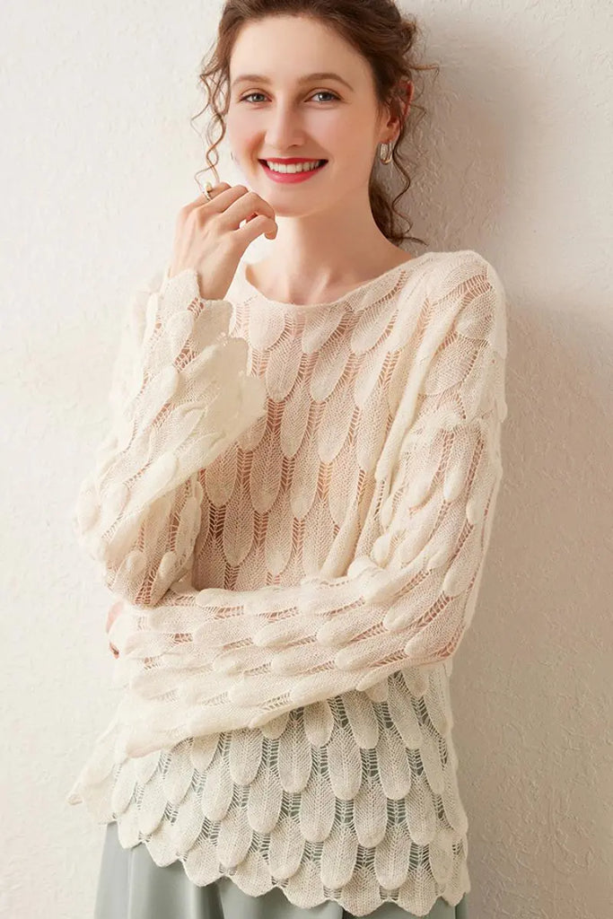 Fibflx Women's Ultra-Light 100 Cashmere Leaf-Knit Sweater