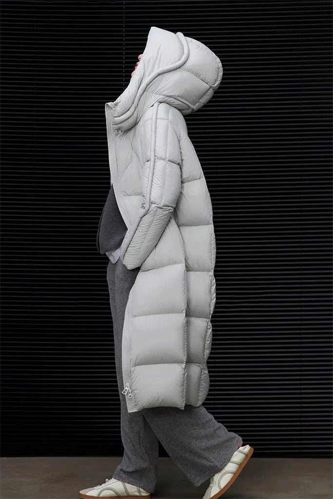 Fibflx Women's Ultra Light Seamless Water-Repellent Hooded Long Duck Down Puffer Coat