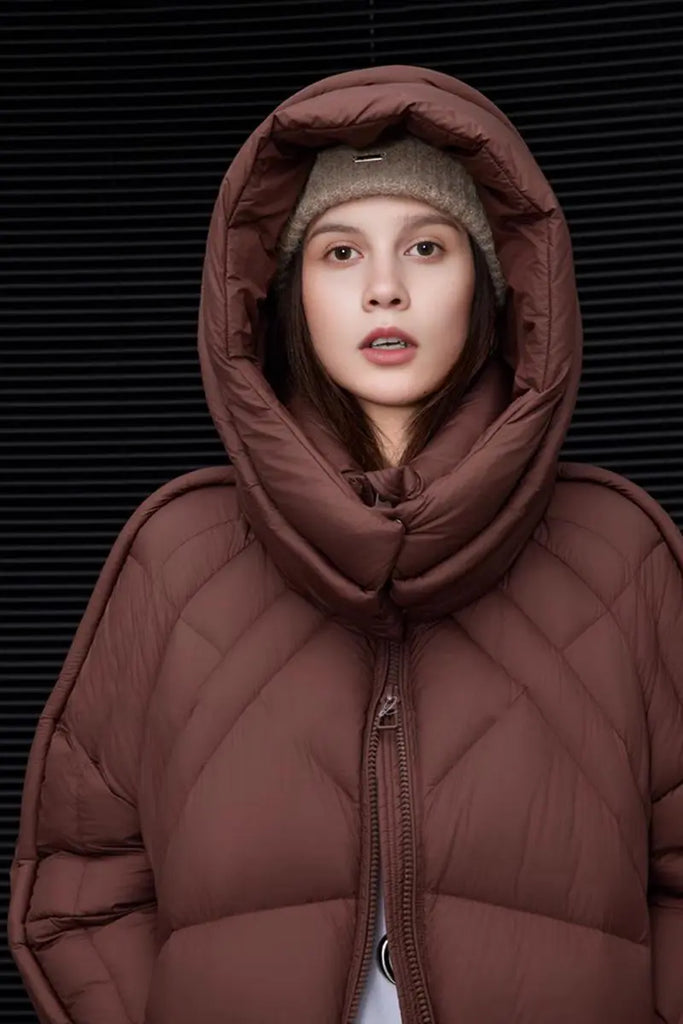 Fibflx Women's Ultra Light Seamless Water-Repellent Hooded Long Duck Down Puffer Coat