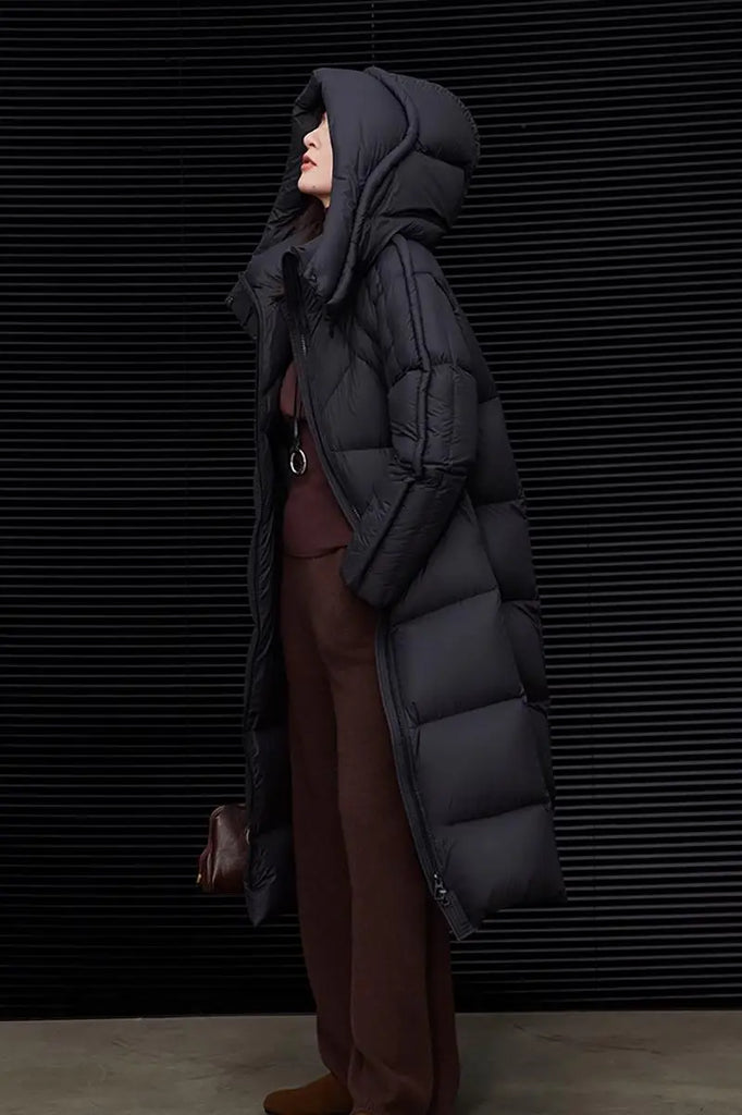 Fibflx Women's Ultra Light Seamless Water-Repellent Hooded Long Duck Down Puffer Coat