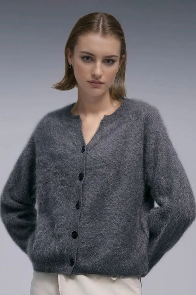 Ultrafine Brushed Cashmere Crewneck Cardigan Fibflx