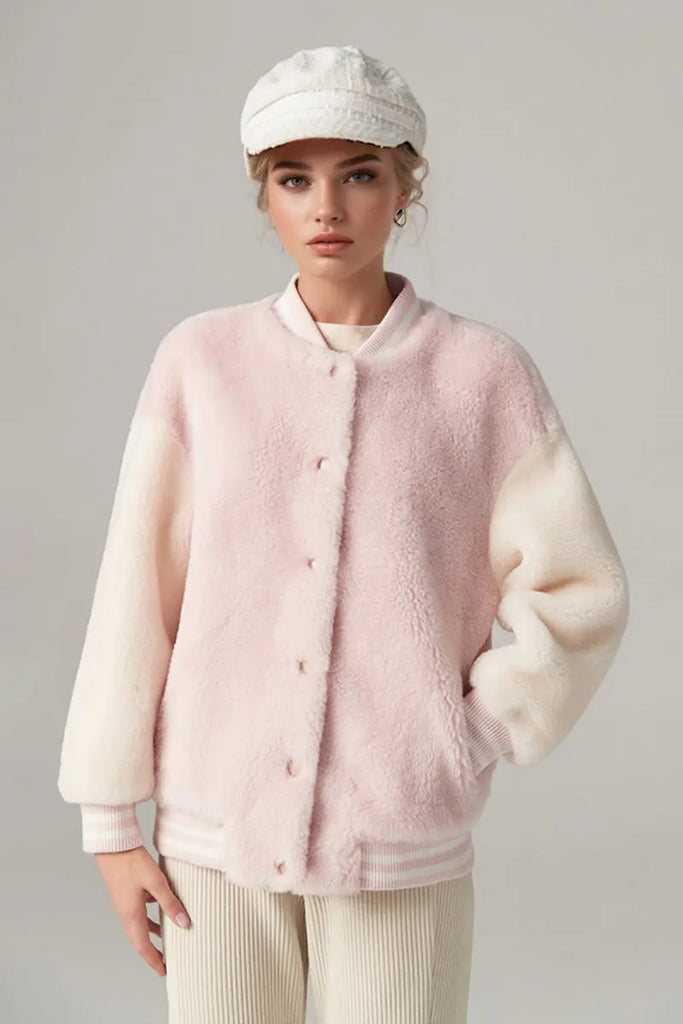 V Neck Color Block Shearling Bomber Jacket Fibflx