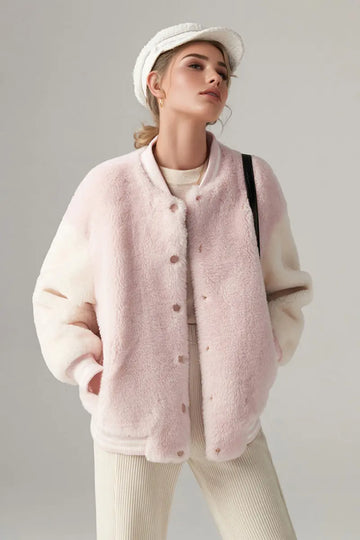 V Neck Color Block Shearling Bomber Jacket Fibflx
