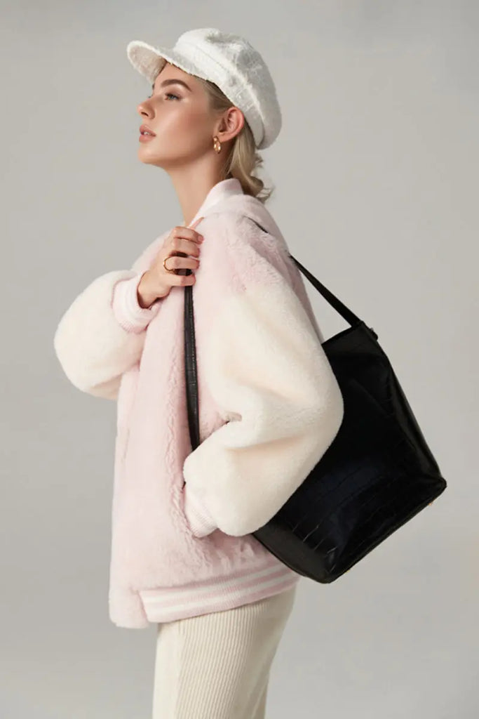 V Neck Color Block Shearling Bomber Jacket Fibflx