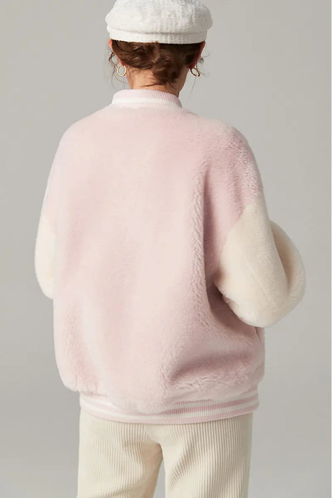 V Neck Color Block Shearling Bomber Jacket Fibflx