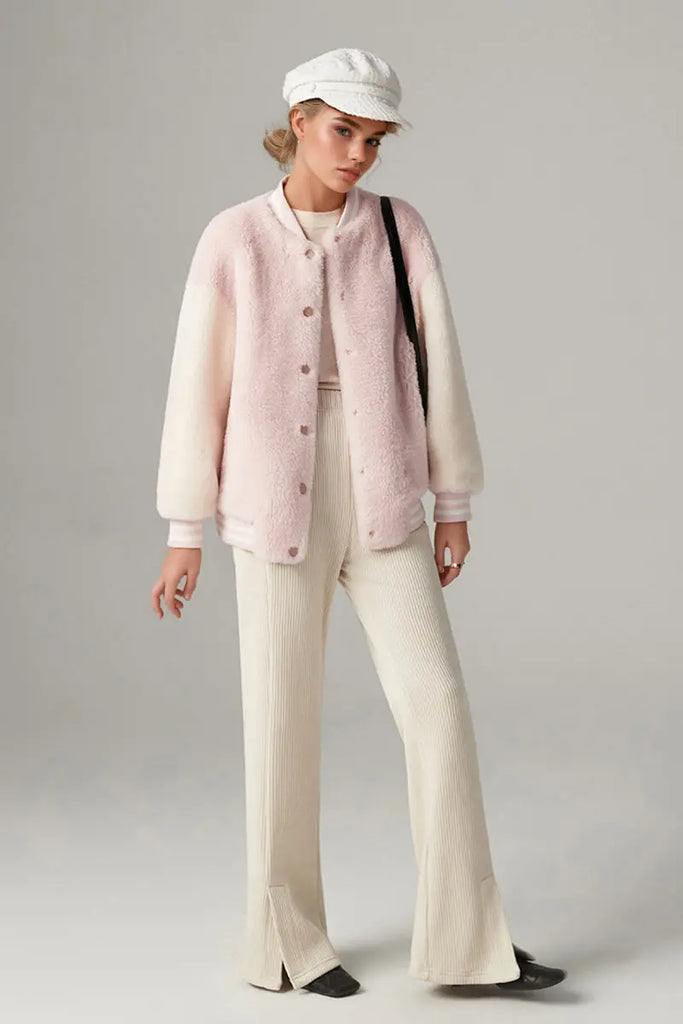 V Neck Color Block Shearling Bomber Jacket Fibflx