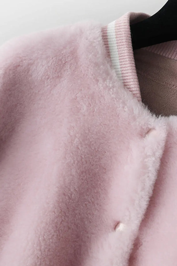 V Neck Color Block Shearling Bomber Jacket Fibflx