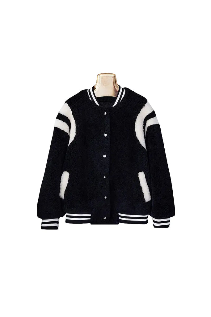 V Neck Color Block Shearling Bomber Jacket Fibflx