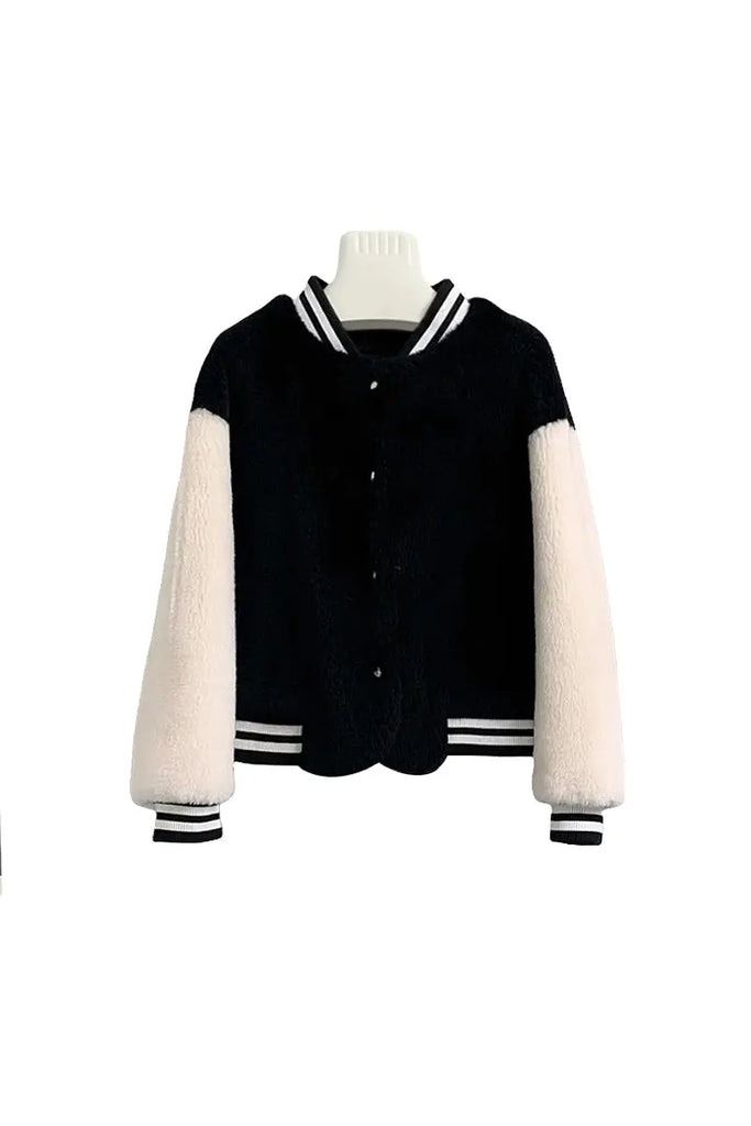 V Neck Color Block Shearling Bomber Jacket Fibflx