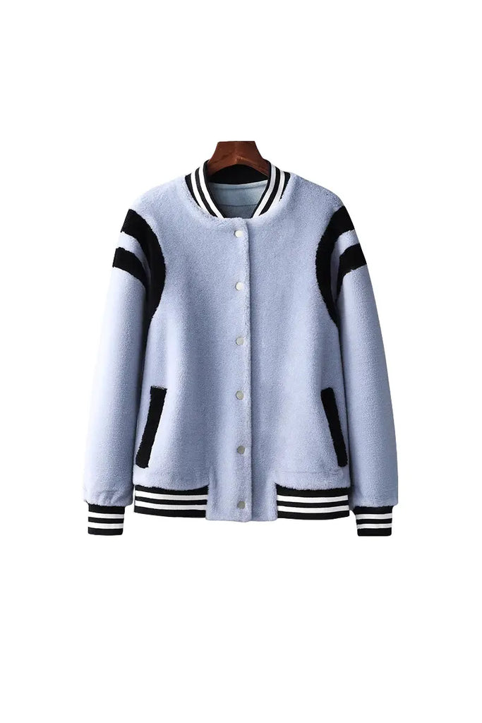 V Neck Color Block Shearling Bomber Jacket Fibflx