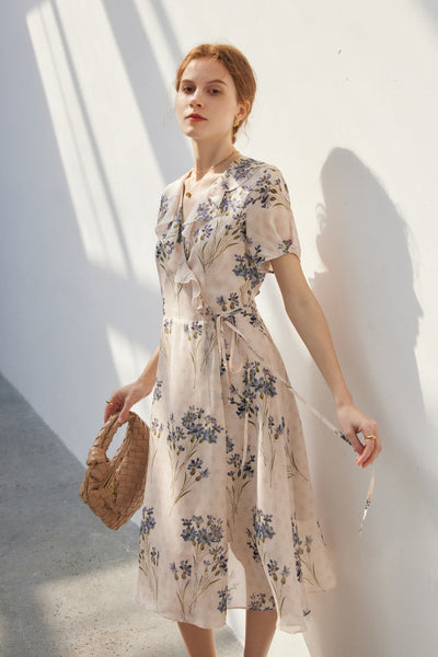 V Neck Floral Midi Silk Dress