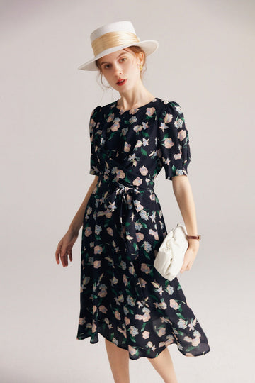 Fibflx Women's V Neck Floral Midi Silk Dress