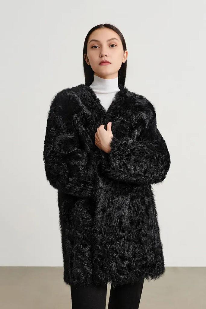 V-Neck Toscana Mid-Length Lambskin Shearling Coat Fibflx