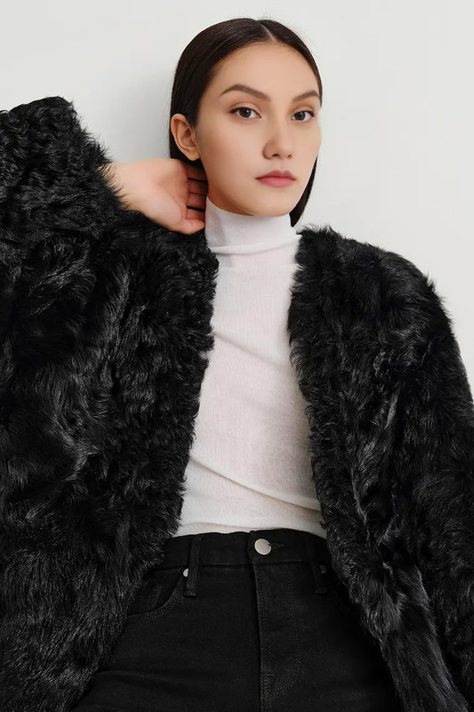 V-Neck Toscana Mid-Length Lambskin Shearling Coat Fibflx