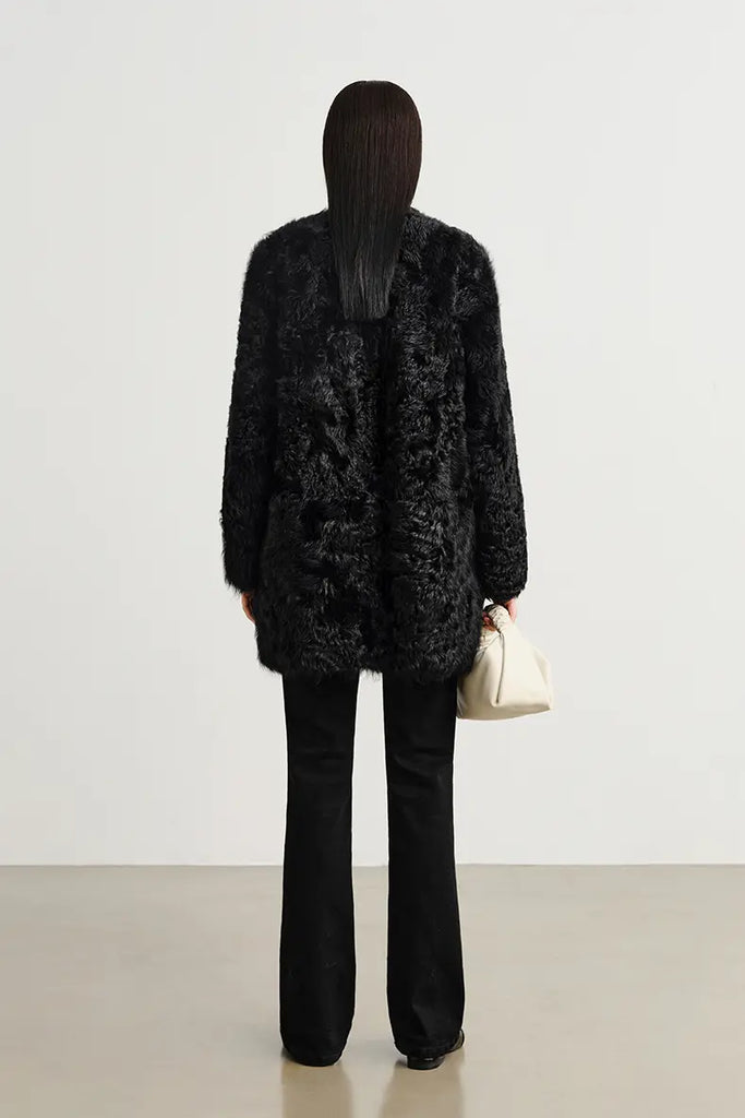 V-Neck Toscana Mid-Length Lambskin Shearling Coat Fibflx