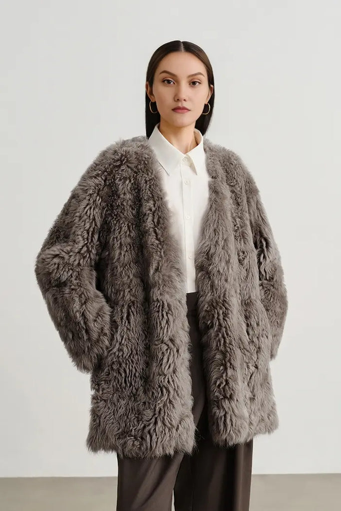 V-Neck Toscana Mid-Length Lambskin Shearling Coat Fibflx