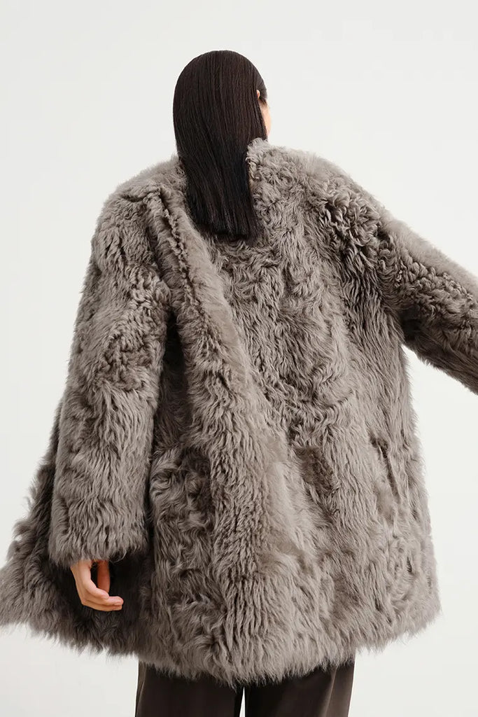 V-Neck Toscana Mid-Length Lambskin Shearling Coat Fibflx