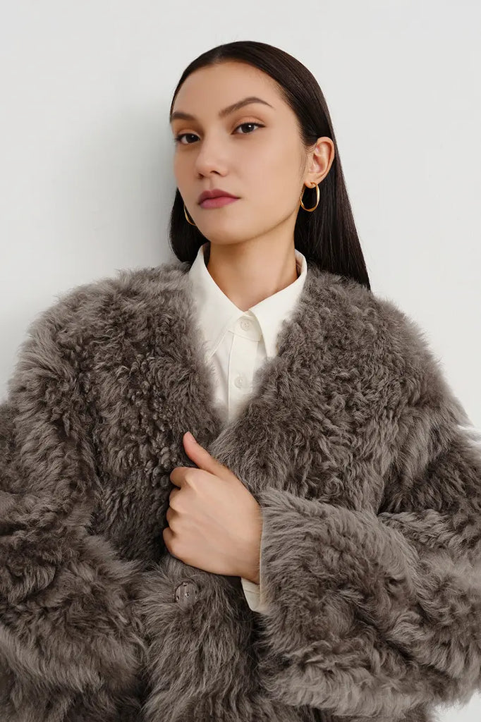 V-Neck Toscana Mid-Length Lambskin Shearling Coat Fibflx