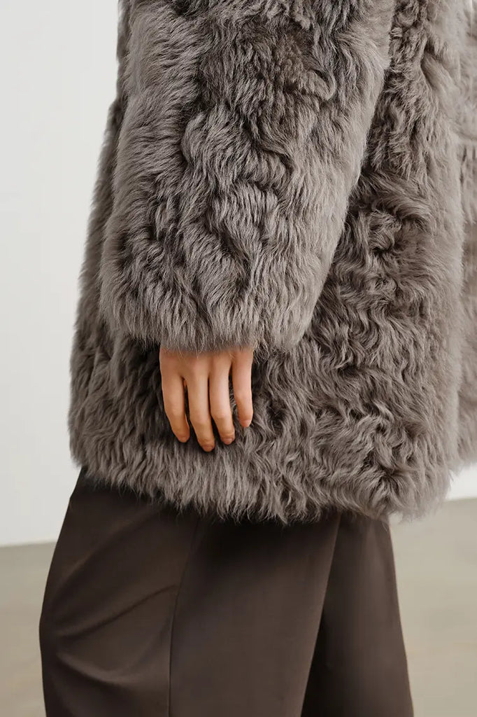 V-Neck Toscana Mid-Length Lambskin Shearling Coat Fibflx