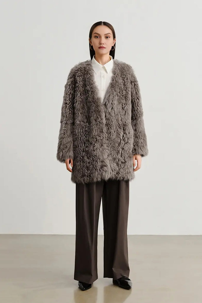 V-Neck Toscana Mid-Length Lambskin Shearling Coat Fibflx